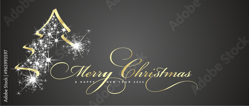 Merry Christmas and Happy New Year 2025 beautiful golden light elegant brush script calligraphy typography with gold white glitter sparkle stardust Christmas tree black background greeting card