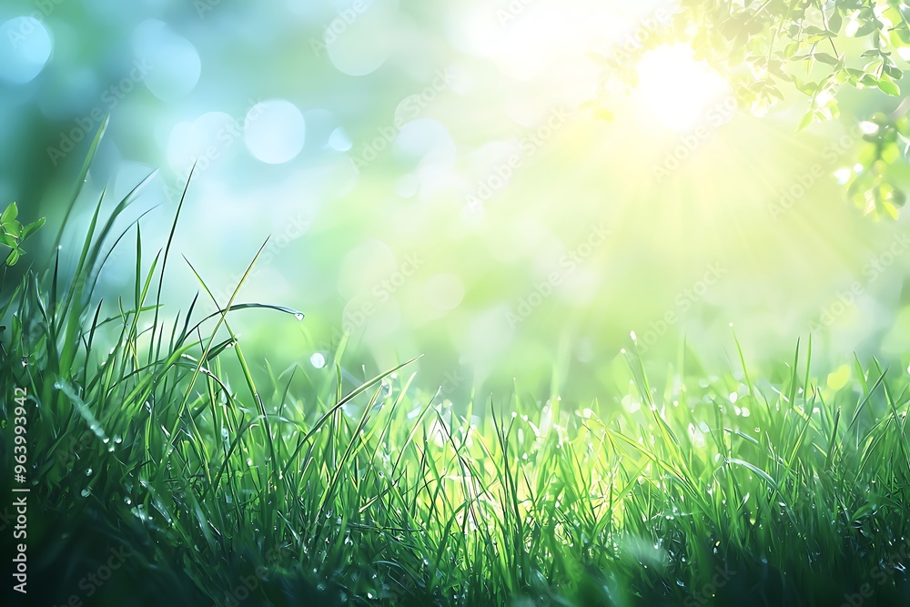 Fototapeta premium Dew-Kissed Grass Illuminated by Sunlight in a Serene Setting