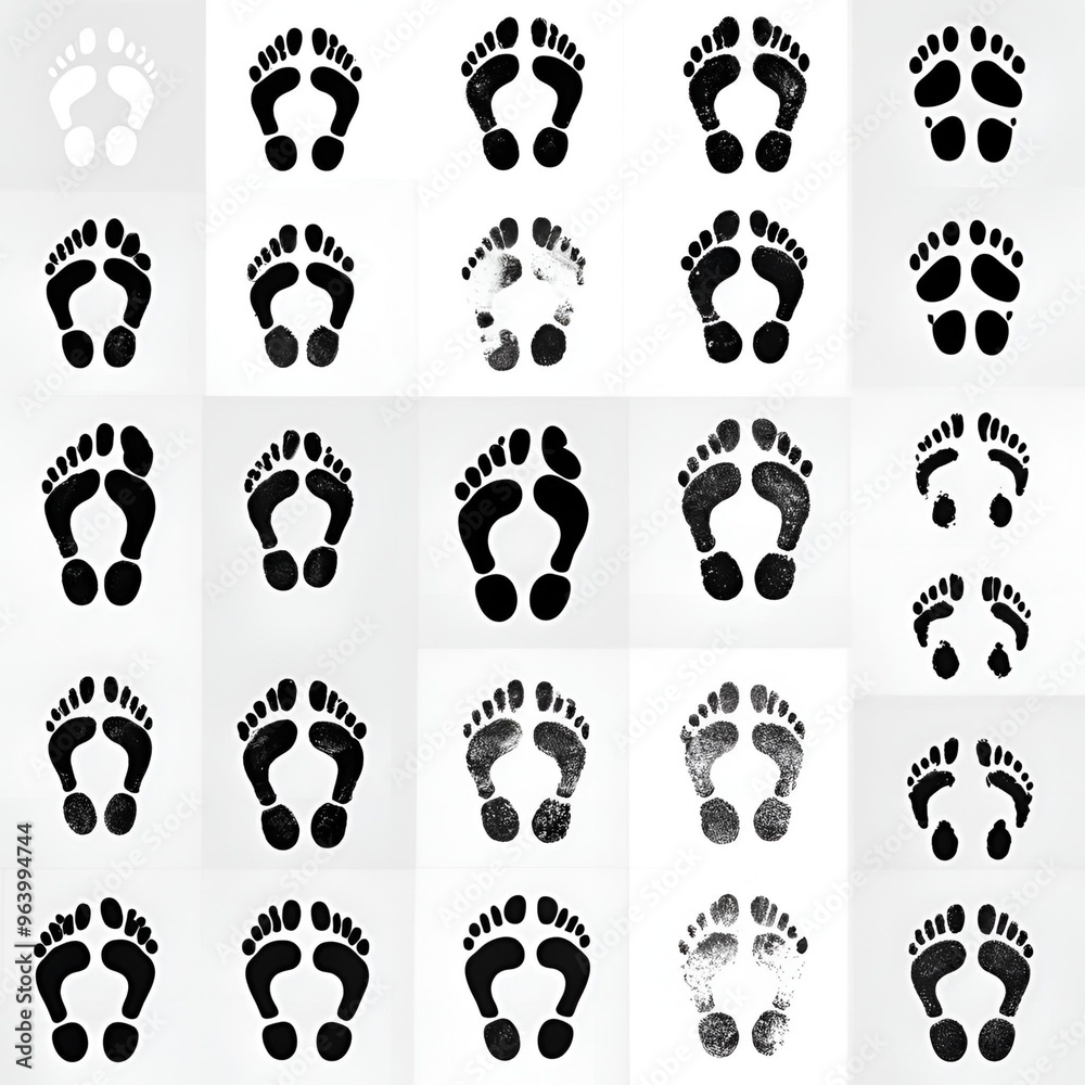 A collection of various footprint patterns in black and white, creating an abstract and artistic composition. A collection of various footprint patterns in black and white, creating an abstract and artistic composition.