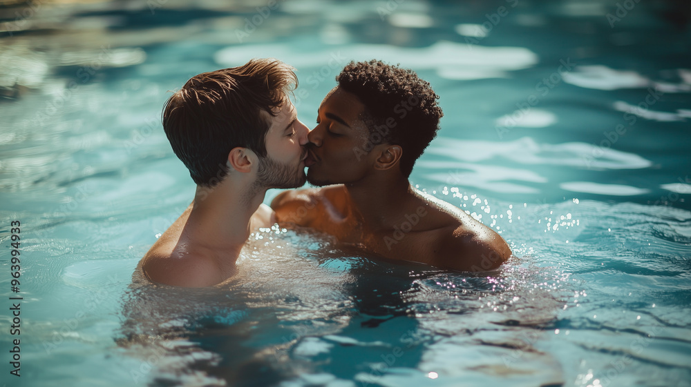 close up portrait, multiracial, young gay couple in swimming pool kissing, instagrammable photo, professional photo shoot. Couple with different ethnic background. close up portrait, multiracial, young gay couple in swimming pool kissing, instagrammable photo, professional photo shoot. Couple with different ethnic background.