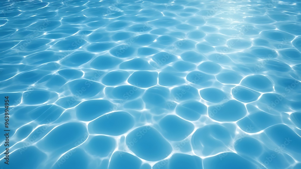 High resolution photo of a clear blue swimming pool surface, The water is calm, creating intricate patterns of light and shadow due to the sunlight reflecting off the ripples High resolution photo of a clear blue swimming pool surface, The water is calm, creating intricate patterns of light and shadow due to the sunlight reflecting off the ripples