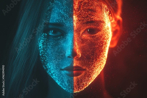 Cortical column somatosensory processing and computational model woman’s face with glowing red and blue digital enhancements representing the fusion of human and ai cognition photo