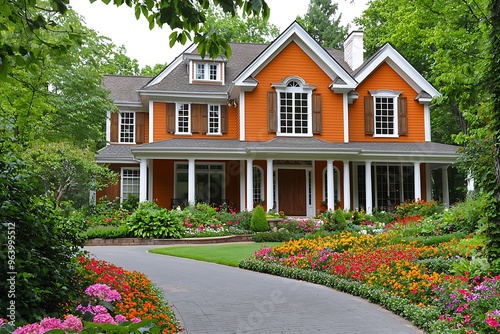 Charming Orange House Surrounded by Lush Gardens and Vibrant Flowers