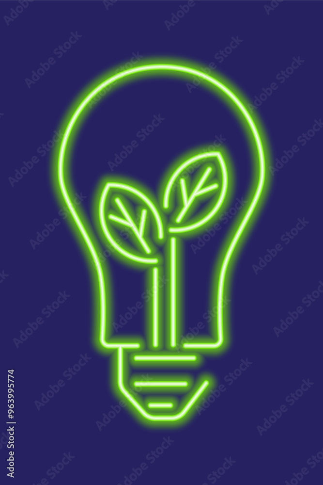 Green glowing neon line light bulb with leaf of a plant. Environmental protection concept icon. Green energy, renewable energy concept . Ecology themed concept illustration. Green glowing neon line light bulb with leaf of a plant. Environmental protection concept icon. Green energy, renewable energy concept . Ecology themed concept illustration.