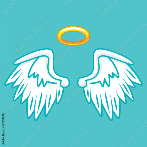 Isolated angel wings with a golden nimbus against a serene blue background, symbolizing purity and spirituality
