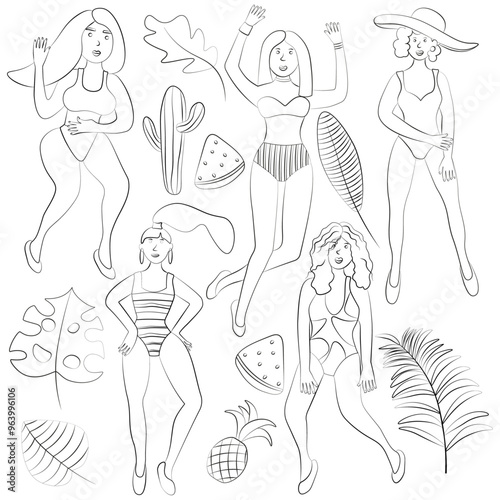 outline illustration.girls in swimsuits against the background of palm trees and exotic fruits.beach set.Summer illustration