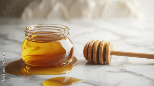 A honey dipper resting on the edge of a jar, with honey dripping onto a marble surface.