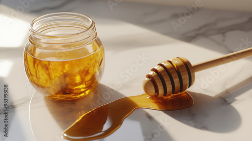 A honey dipper resting on the edge of a jar, with honey dripping onto a marble surface.