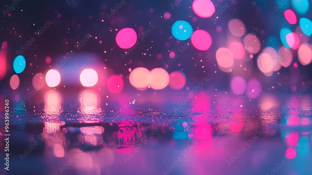 Abstract Pink and Blue Bokeh Lights Reflecting on Wet Surface Abstract Pink and Blue Bokeh Lights Reflecting on Wet Surface