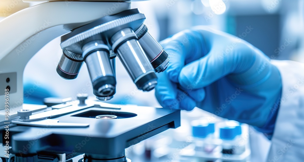 Closeup of a hand in blue gloves adjusting the lens of a microscope in a laboratory setting. The focus is on the lens and the hand, creating an abstract image. Closeup of a hand in blue gloves adjusting the lens of a microscope in a laboratory setting. The focus is on the lens and the hand, creating an abstract image.
