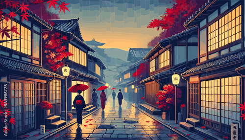 People holding umbrellas in rainy Kyoto. Vector illustration.
