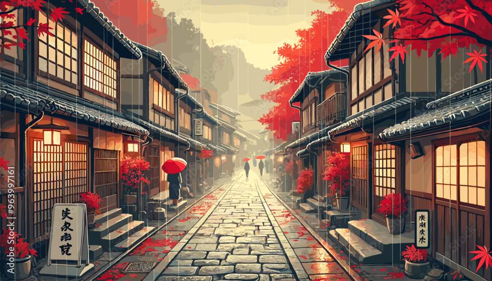 Fototapeta premium People holding umbrellas in rainy Kyoto. Vector illustration.