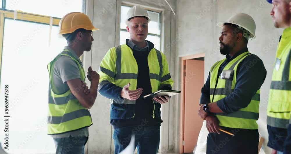 Teamwork, leadership and engineering with people and tablet for construction site, blueprint and building renovation. Collaboration, project management and architecture with contractor for design