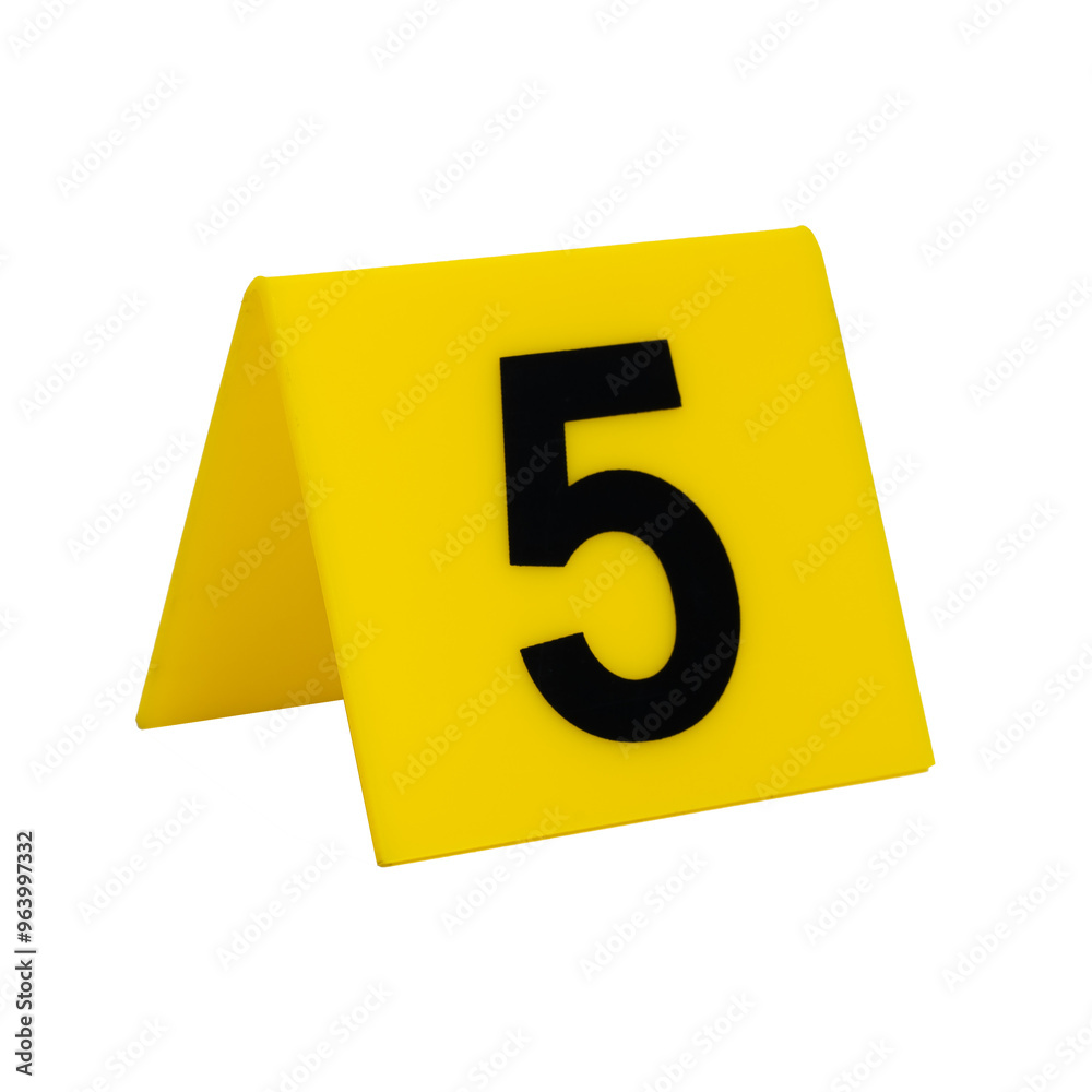 Crime scene investigation. Yellow marker for identification of material evidence on a white background number 5