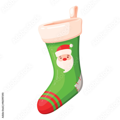 Festive green Christmas stocking with Santa design, perfect for holiday decorations and gift exchanges during the joyful season