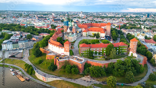 aerial view of krakow center and wawel royal castle at sunset in summer in poland