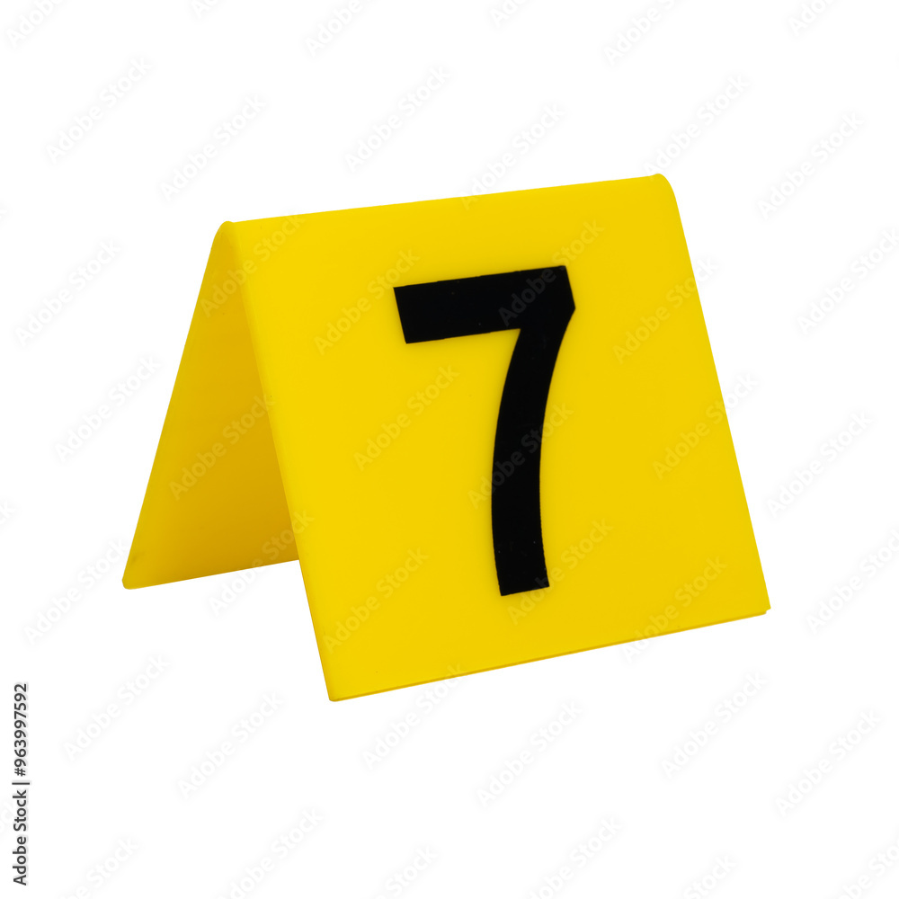 Crime scene investigation. Yellow marker for identification of material evidence on a white background number 7