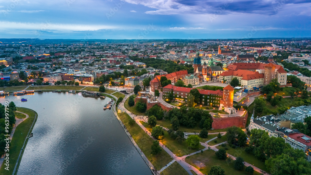 aerial view of krakow center and wawel royal castle at sunset in summer in poland aerial view of krakow center and wawel royal castle at sunset in summer in poland