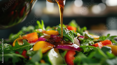 A drizzle of vinaigrette being poured over a fresh green salad, with colorful veggies underneath.