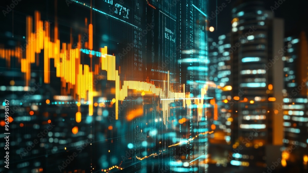 Fototapeta premium Stock chart, growing candlestick, city.