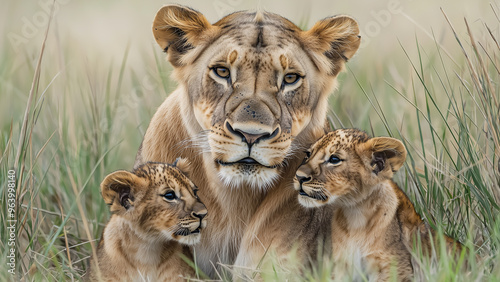 Lioness with Two Cubs in Tall Grass