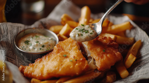 A spoonful of tartar sauce being served with fish and chips, set on a newspaper-wrapped plate.