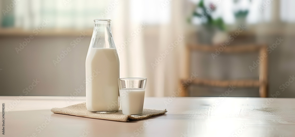 A glass of milk and a bottle of milk on a table, with a blurry background.
