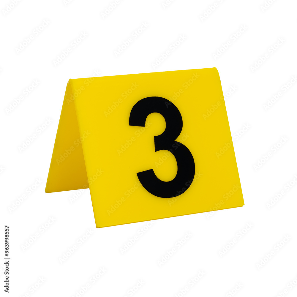 Crime scene investigation. Yellow marker for identification of material evidence on a white background number 3
