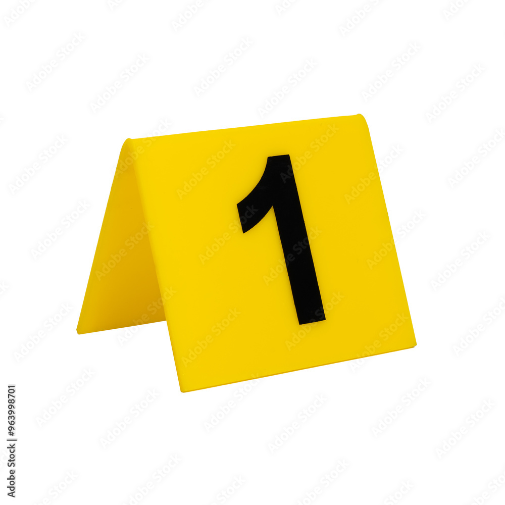 Crime scene investigation. Yellow marker for identification of material evidence on a white background number 1