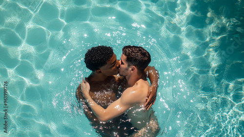 high angle view, multiracial, young gay couple in swimming pool kissing, high angle view, instagrammable photo, professional photo shoot. Couple with different ethnic background.