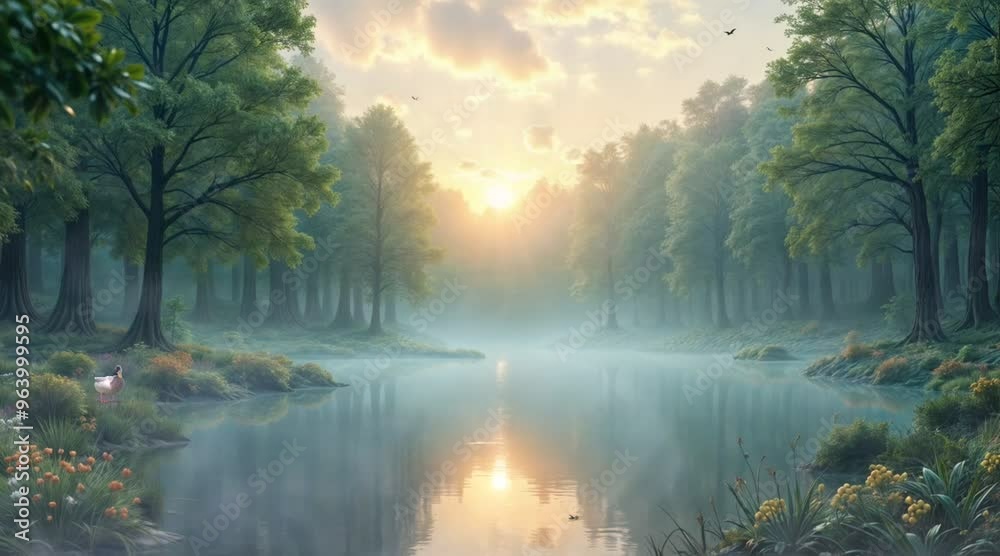 Sonnenaufgang über mystischem Waldsee

