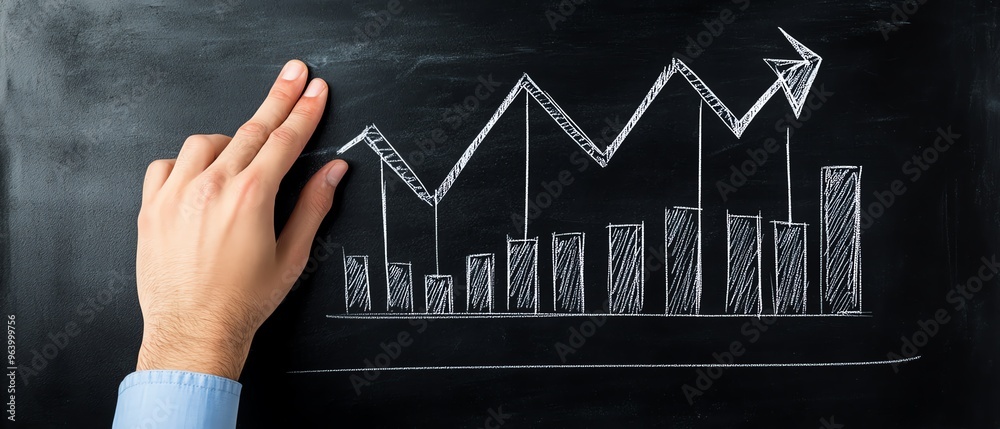 A hand illustrating a rising graph on a chalkboard, symbolizing growth and success in business or finance. A hand illustrating a rising graph on a chalkboard, symbolizing growth and success in business or finance.