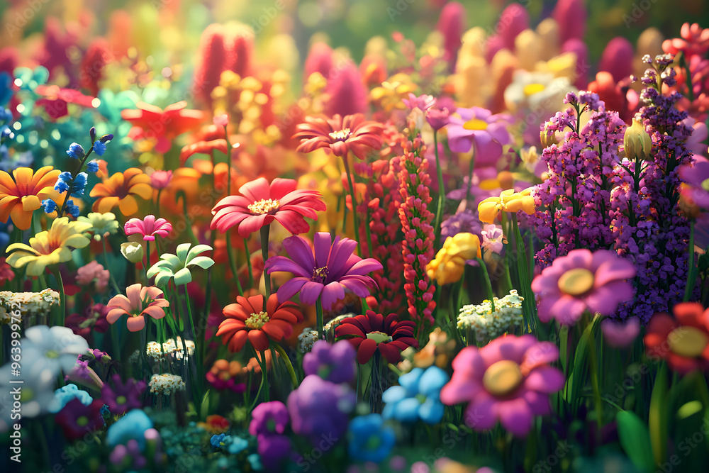 Organic flower garden, vibrant blooms in full array, 3D illustration Organic flower garden, vibrant blooms in full array, 3D illustration