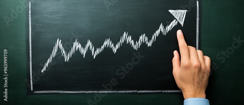 A hand pointing at a growing graph on a chalkboard, symbolizing progress, success, and positive trends in business.