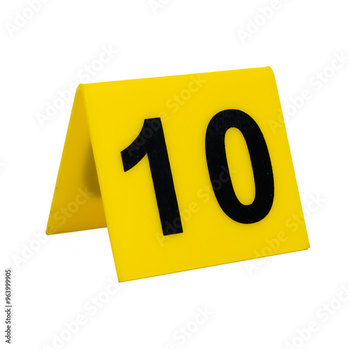 Crime scene investigation. Yellow marker for identification of material evidence on a white background number 10