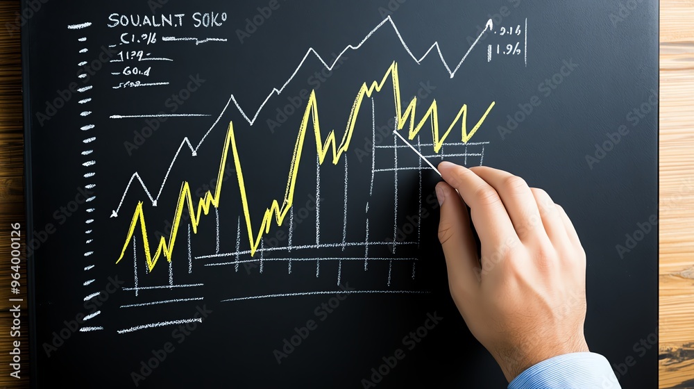 Hand analyzing financial graphs on a blackboard, showcasing trends and data analysis for business performance. Hand analyzing financial graphs on a blackboard, showcasing trends and data analysis for business performance.