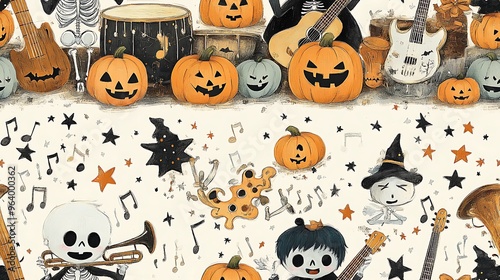 A doodle-style seamless pattern of cute Halloween monsters playing instruments, with a dancing skeleton, drums, guitars, and trumpets, surrounded by stars, pumpkins, and musical notes,