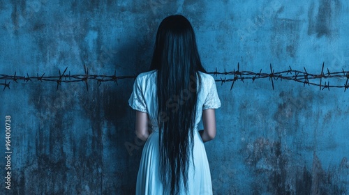 Woman in White Dress Standing Before Barbed Wires on Blue Background photo