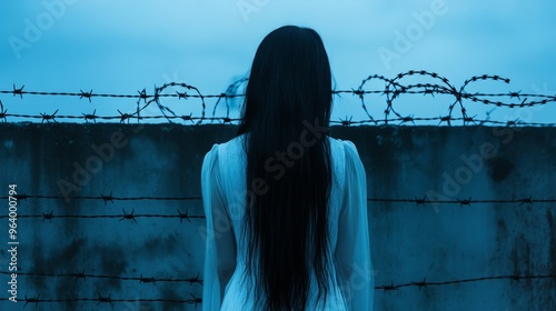 Woman in White Dress Standing Before Barbed Wires on Blue Background photo