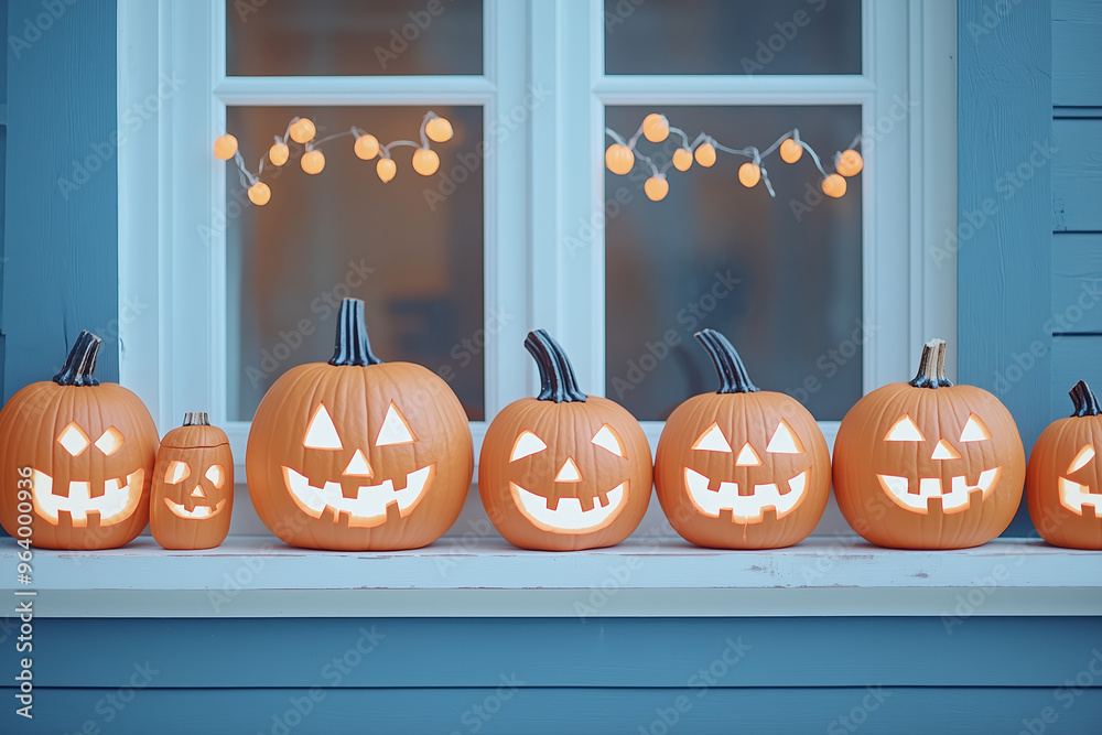 Obraz premium Jack-o'-Lantern Family Portrait: A row of glowing carved pumpkins sit on a windowsill, their flickering grins casting a warm Halloween glow.