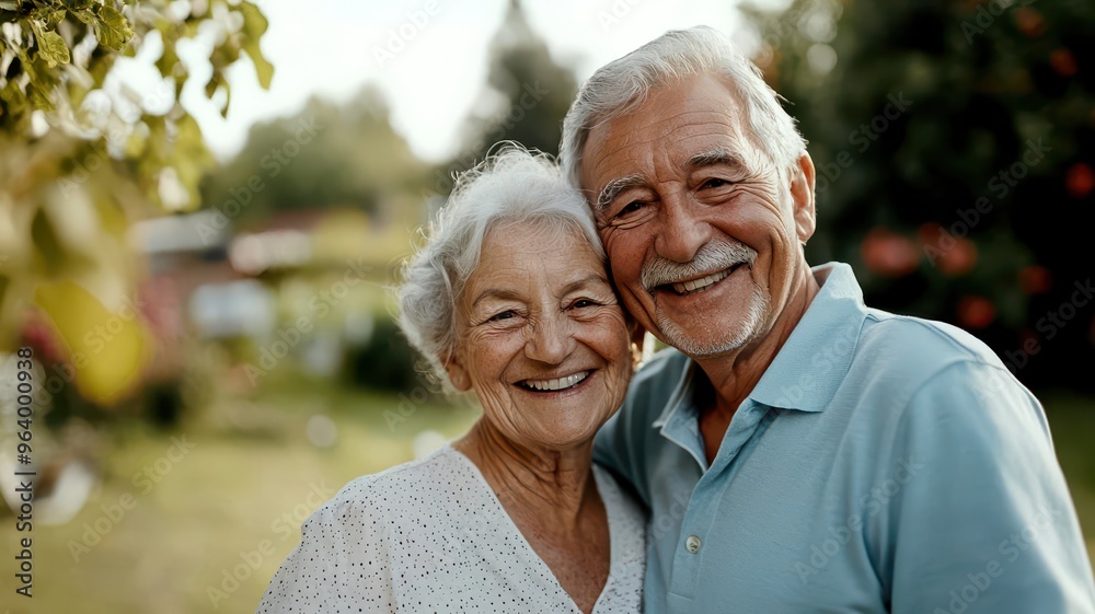 Happy elderly couple enjoying leisure time in a garden, symbolizing retirement peace, financial freedom, relaxed lifestyle Happy elderly couple enjoying leisure time in a garden, symbolizing retirement peace, financial freedom, relaxed lifestyle