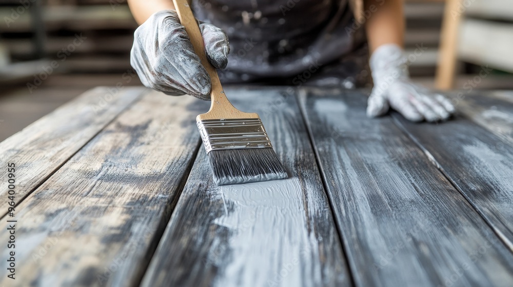Furniture revamp, DIY home upgrade - Close-up of a woman painting an old table gray. Furniture revamp, DIY home upgrade - Close-up of a woman painting an old table gray.