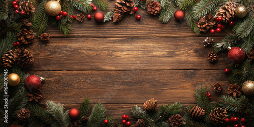 Christmas fir tree branches with red and gold bauble, red berries, pine cones forming a border on a rustic wooden board. Banner. Christmas and New Year! Flat lay, top view. Copy space. Mock up photo