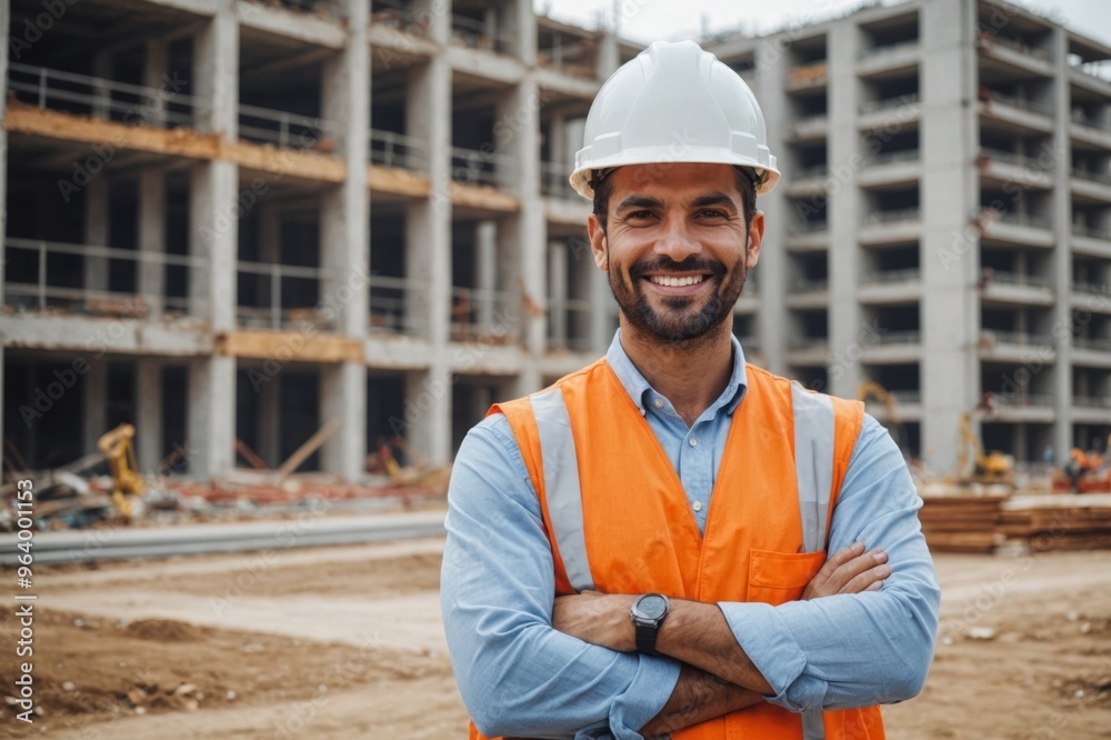 Engineer, portrait of smiling man architect standing in front of construction site and arms crossed Engineer, portrait of smiling man architect standing in front of construction site and arms crossed