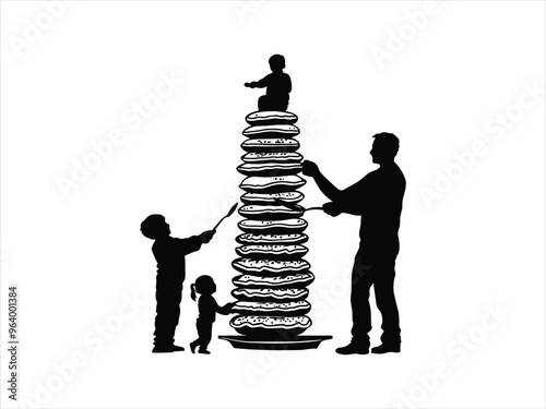 Silhouette Family Pancake Eating Contest - National Pancake Day Celebration Art for Creative Projects.