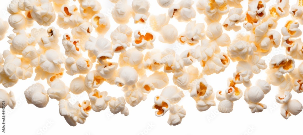 Freshly popped popcorn scattered across a white surface ready for snacking during movie night Freshly popped popcorn scattered across a white surface ready for snacking during movie night