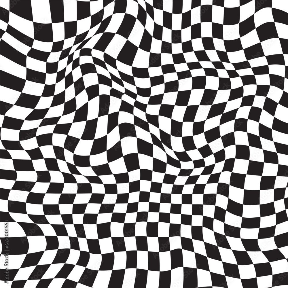 Checkered background with distortion effect. Abstract black and white background, distorted groovy twisted grid. Chessboard surface as abstract banner with distortion. Checkered background with distortion effect. Abstract black and white background, distorted groovy twisted grid. Chessboard surface as abstract banner with distortion.
