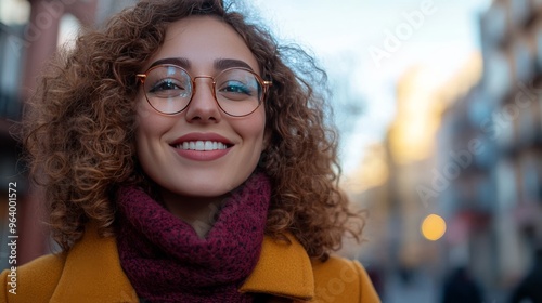 Smiling woman with eyeglasses and kerchief walks in city after work.