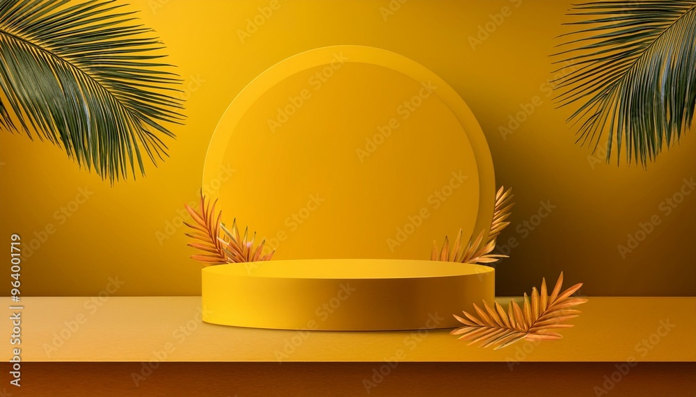Minimalist product display with a circular podium and yellow backdrop Minimalist product display with a circular podium and yellow backdrop