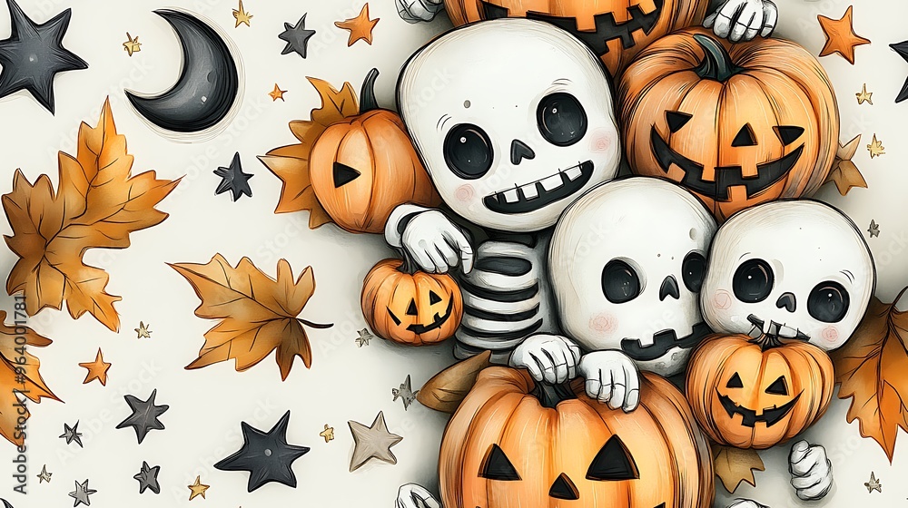 A doodle-style seamless pattern of tiny skeletons cuddling with smiling pumpkins, surrounded by stars, moons, and autumn leaves, soft pastel colors, playful and cute Halloween theme. A doodle-style seamless pattern of tiny skeletons cuddling with smiling pumpkins, surrounded by stars, moons, and autumn leaves, soft pastel colors, playful and cute Halloween theme.